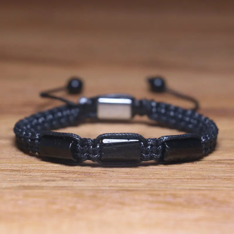 Schwarzes Onyx-Armband, schlicht, für Männer, Gothic, verstellbar, handgewebt, Knoten-Design, Heilung, Meditation, Yoga, Armband, Jahrestagsgeschenk Image