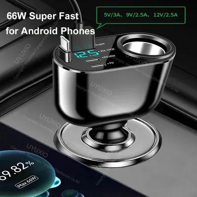 UYUXIO USB-C-Autoladegerät-Adapter mit einziehbarem Kabel, Multi-Port, superschnelle Ladung mit Spannungsanzeige für iPhone 16, 15 Image