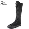 Schwarze Plüsch-Winter-Damenschuhe, hohe Spitze, lange Stiefel, Schnürung, Reißverschluss, flach, kniehoch, Punk, lässig, Segeltuchstiefel, Sport, große Größe 43