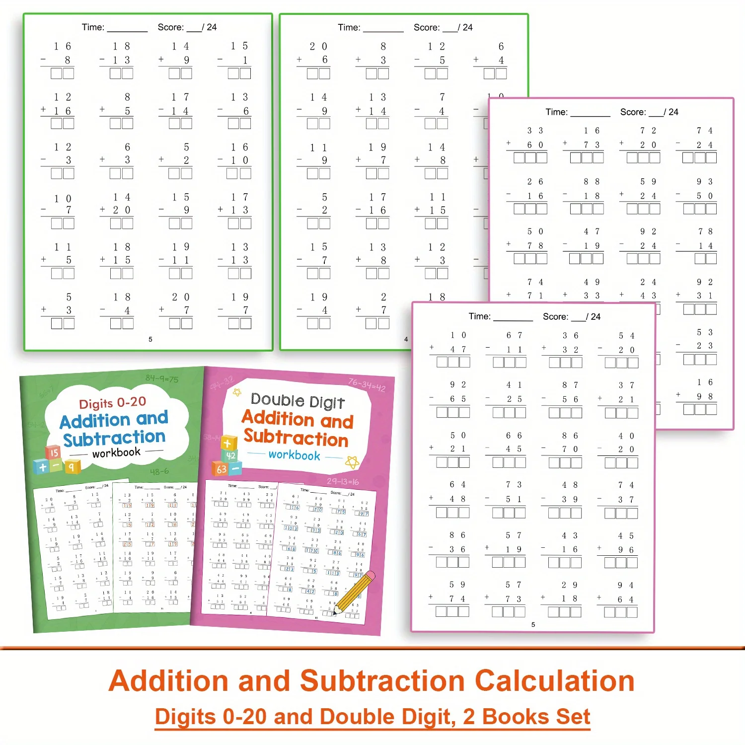 Mathe-Übungs-Arbeitsbuch-Set, einstelliges und zweistelliges Additions- und Subtraktionsberechnungstraining, Klasse 1–3, Lernaktivitäten Image