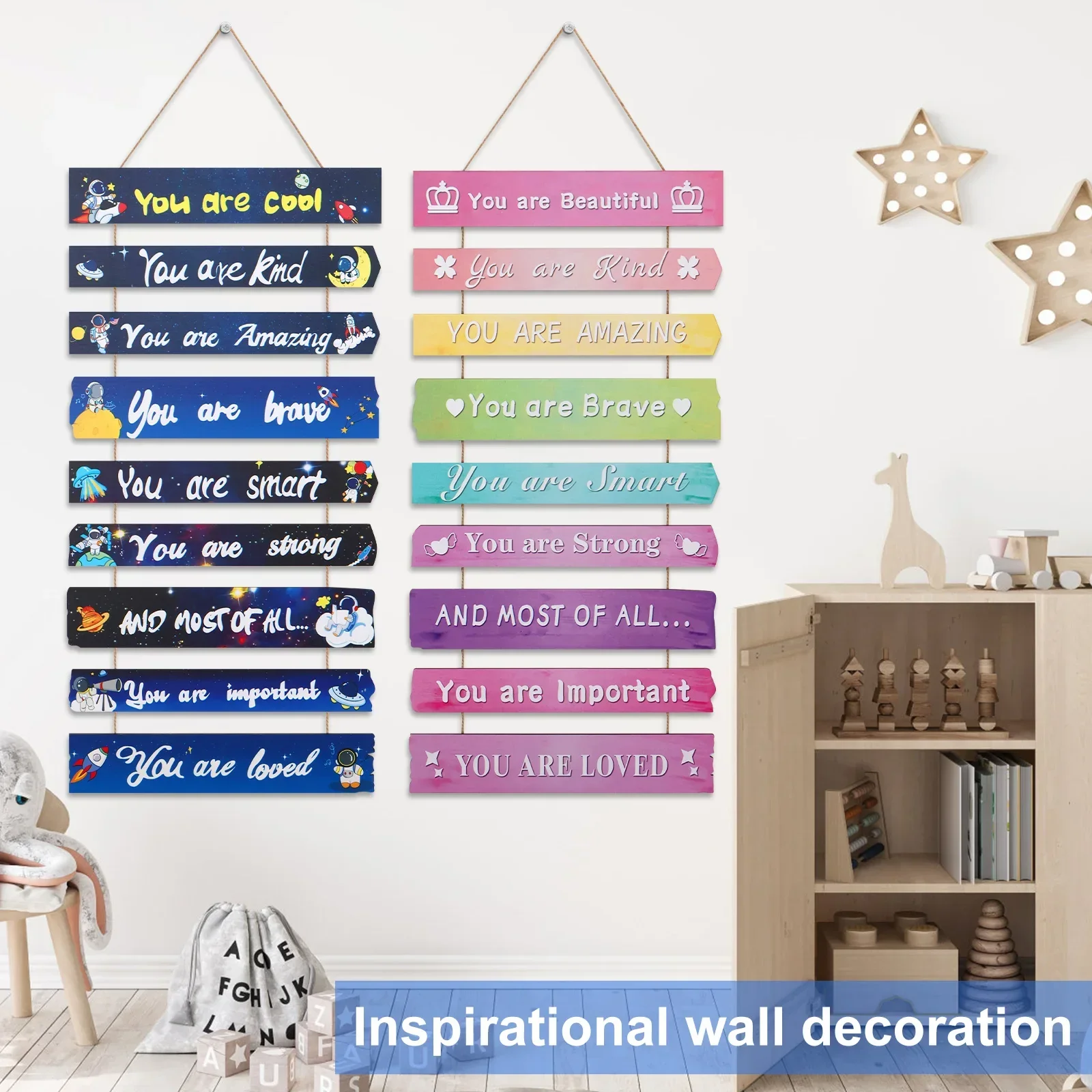 Inspirierende Wandkunst-Dekoration, Schlafzimmer-Dekoration mit Weltraum-/Traummotiv, Motivationstafel aus Holz, Wandbehang-Schild, inspirierende Zitate Image