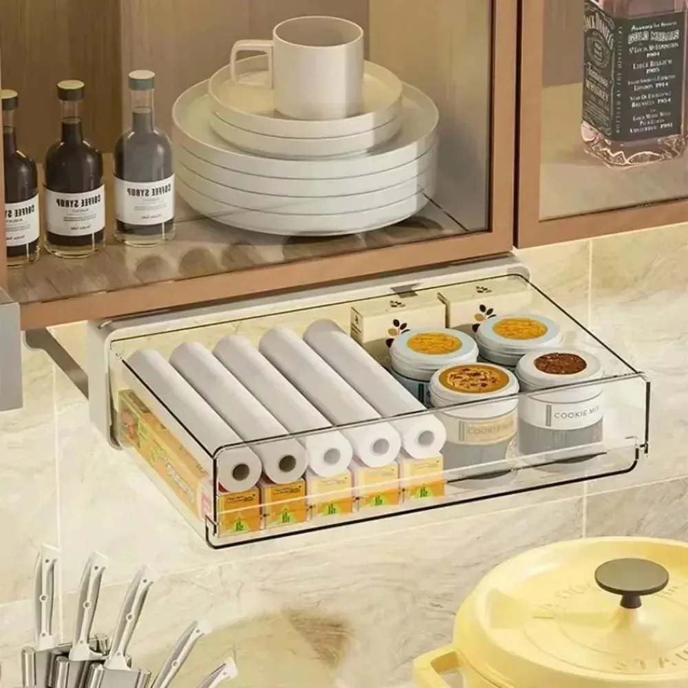 Transparente Schublade unter dem Schreibtisch, Organizer, versteckte Untertischschubladen, Haushalt, Haushalt, große Kapazität, ausziehbare PET-Aufbewahrungsbox