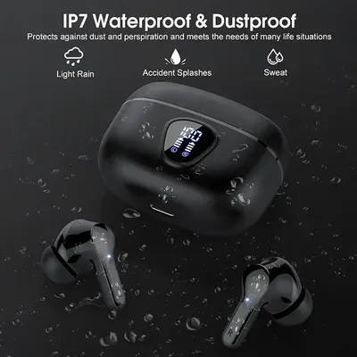 UYUXIO HiFi-Stereo-Ohrhörer, kabelloser Kopfhörer mit LED-Anzeige, ENC-Ohrhörer mit Geräuschunterdrückung, 48 Stunden Spielzeit, wasserdichte Kopfhörer Image