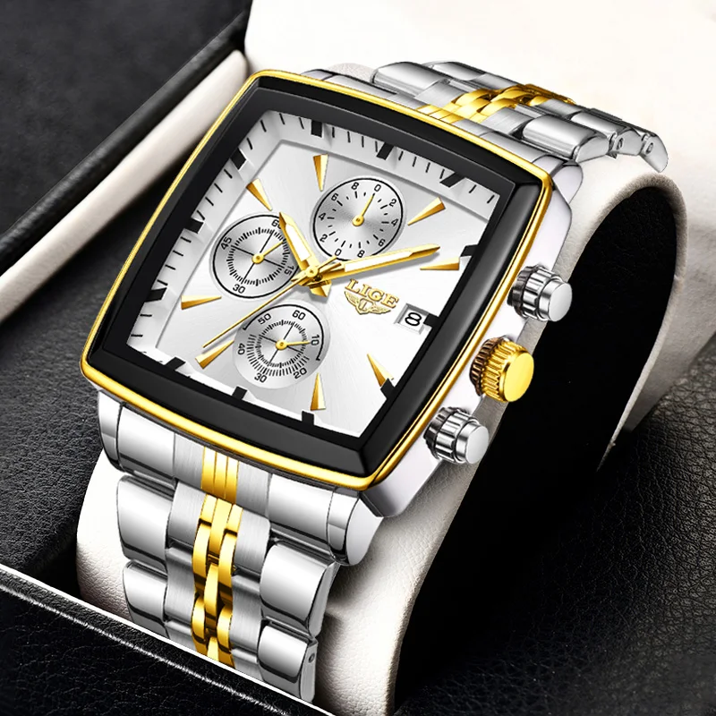 LIGE Mode Herren Uhren Leuchtende Wasserdichte Chronograph Datum Mann Armbanduhr Quadratische Leucht Quarz herren Uhren Uhren + Box Image