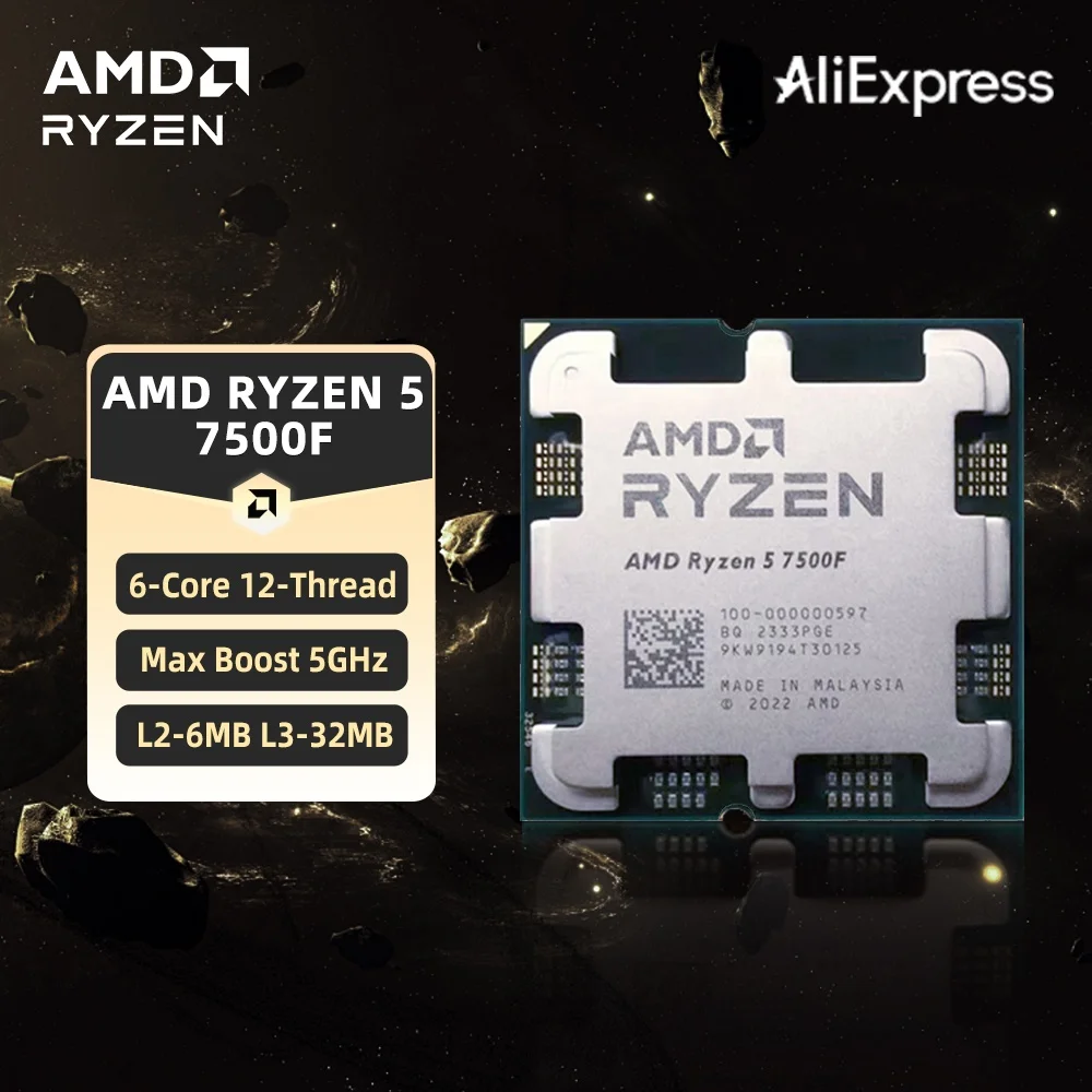 Processore AMD Ryzen 5 7500F, CPU AMD R5 7500F fino a 5GHz, 6 core, 12 thread, socket AM5, CPU desktop da gioco per PC gamer