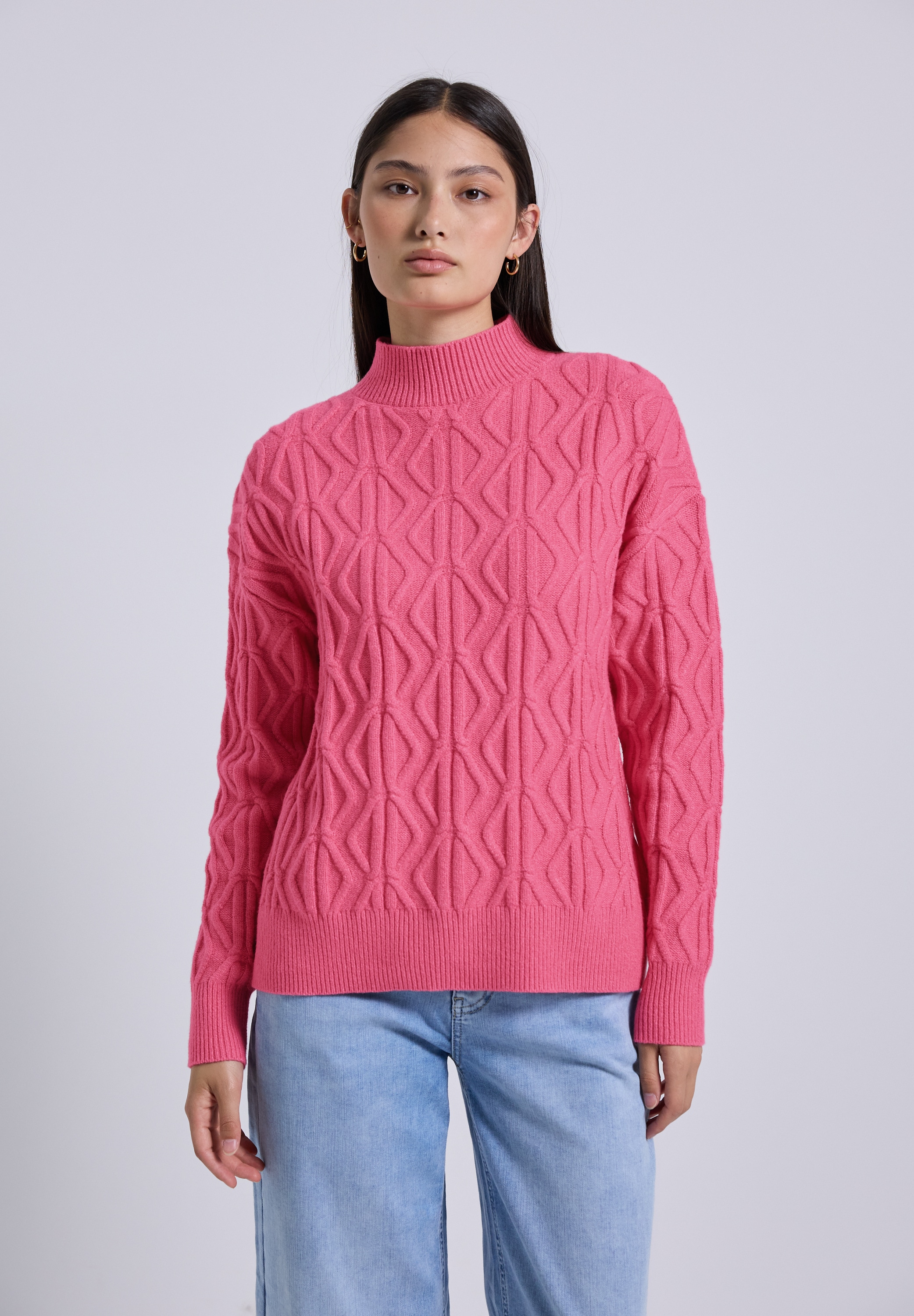 Strickpullover STREET ONE STUDIO, Damen, Gr. 44, rosa (candy pink meliert), Web, 35% Baumwolle, 32% Polyacryl, 28% Polyester, 5% Elasthan, unifarben, Casual, normal normal, hoch geschlossener Ausschnitt, Strickbündchen, Pullover, mit Turtleneck