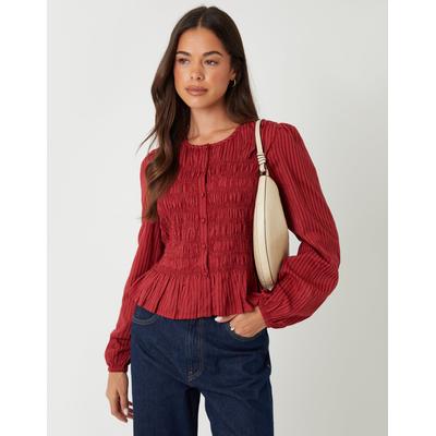 Rust Shirred Dobby Stripe Button Up Blouse