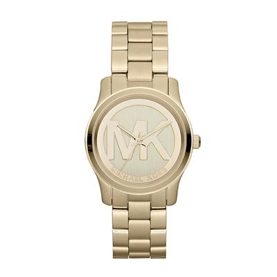 Robuste und stilvolle Damenuhr der Marke Michael Kors in der Farbe Gold. Die Uhr ist aus rostfreiem Stahl gefertigt. Das Armband ist ebenfalls aus Edelstahl, hat eine Faltschließe und kann kleiner gemacht werden. Das Gehäuse der Uhr hat einen... Image