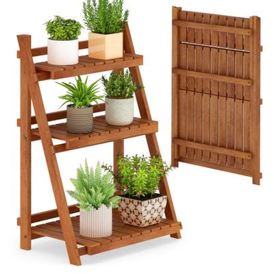 Costway Foldable 3-Tier Solid Wood Plant Stand for Patio Balcony