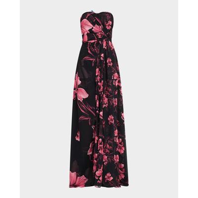 Strapless Floral-Print Georgette Gown