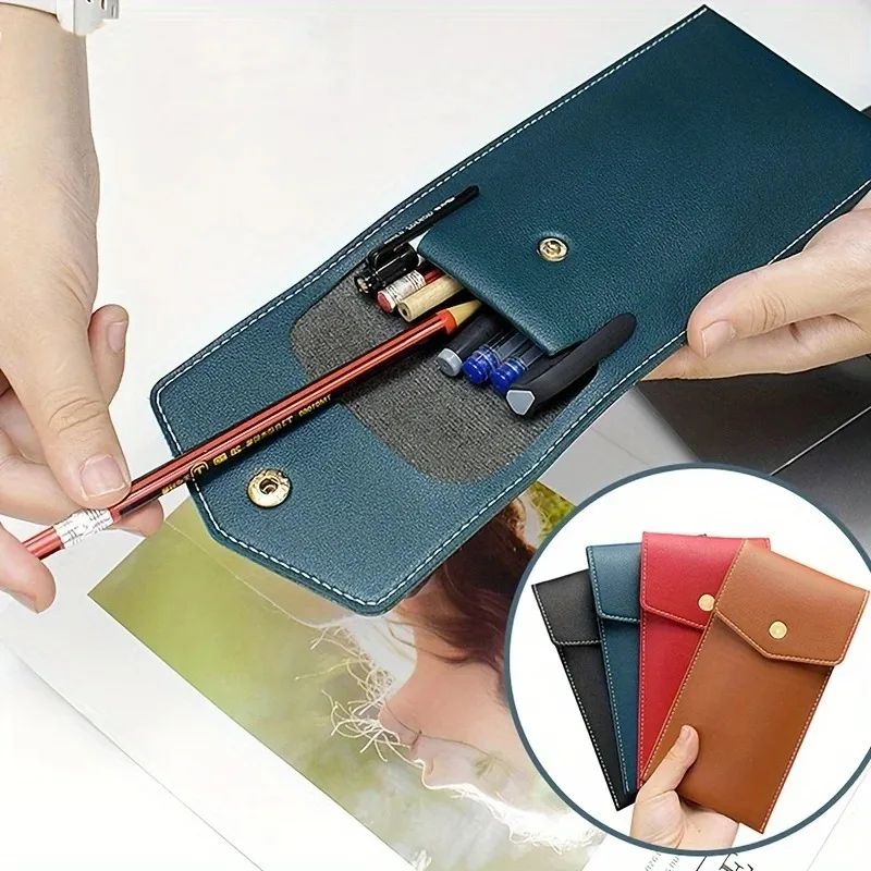 Trousse à crayons en cuir PU, sac de rangement pour lunettes d'étudiant, sac de papeterie Portable de grande capacité, sac de rangement pour stylos de bureau et d'affaires
