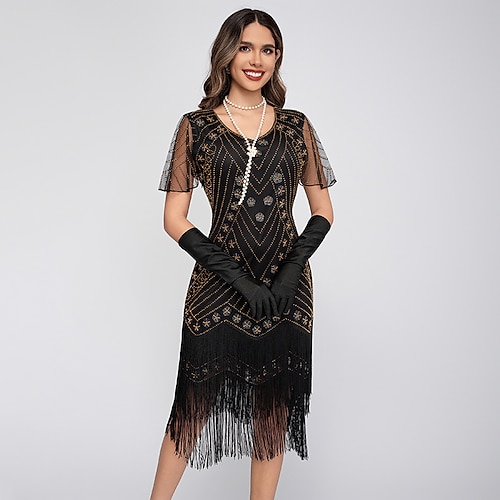 Goldene Zwanziger 1920er Knielang Flapper Kleid Kurze Ärmel Der große Gatsby Flapper-Mädchen Pailletten Fransen Schlauchkleid V Ausschnitt Kostüm Damen Weihnachten Karneval Abendgesellschaft Hochzeit Image