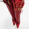 Rote Krokodil-Stiefel mit Metallschnalle, schwarz, grün, dünne Absätze, über Kreuz gebunden, Schnürung, spitze Zehen, Lederschuhe, Damen-Wintermode-Schuhe