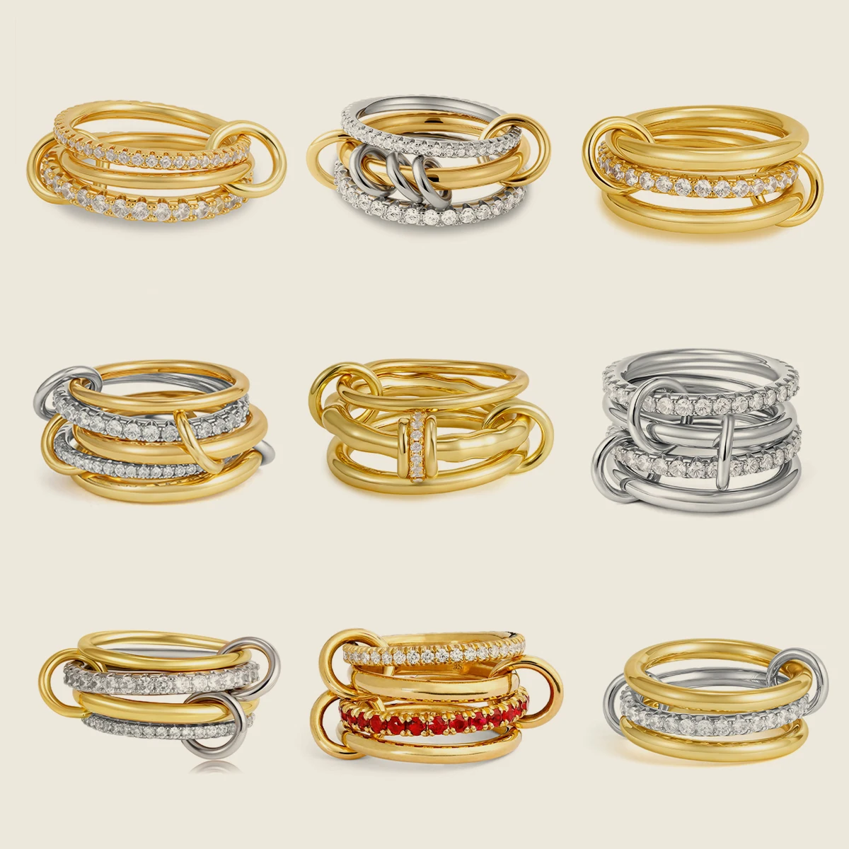 Luxus Zirkonia Vergoldung Mehrschichtige Verbindungsringe für Frauen Mode Gemischte Farbe Stapelbarer Fingerring Partyschmuck Image