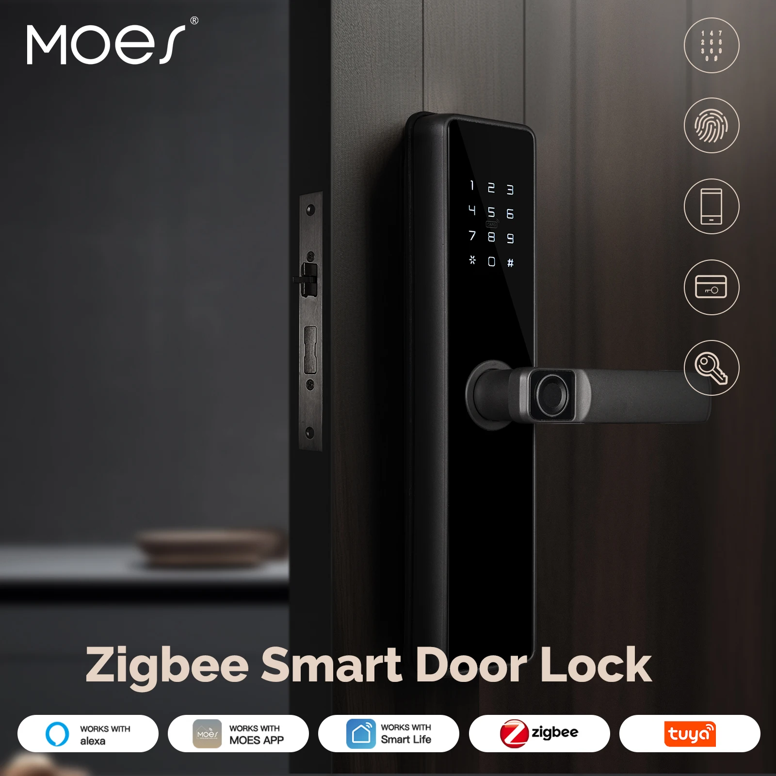 MOES Tuya ZigBee Smart Türschloss Innen Passwort Fingerabdruck Fern Entsperren Keycard Sabotage Alarm Batterie Betrieben Arbeit Mit Alexa Image