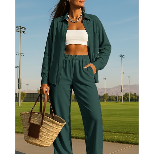 Damen Hose mit weitem Bein Freizeitanzug Hemdjacke mit Tasche Einfarbig Kombination Herbst Weiß Leicht Grün Outdoor Reise Sport Hohe Taille Atmungsaktiv Langarm Sport Sportkleidung Mikroelastisch Image