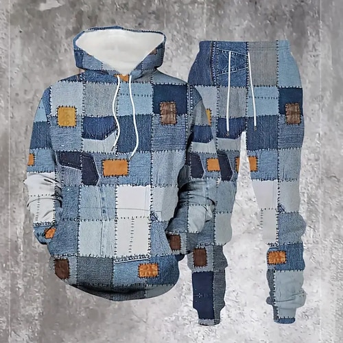 Herren Farbblock 2St 3D Sweatshirt-Sets Trainingsanzug Kapuzensweatshirt Langarm Lange Hosen Mit Kapuze Alltagstauglich Athleisure Alltagskleidung 3D-Druck Frühling Herbst Winter Blau Image