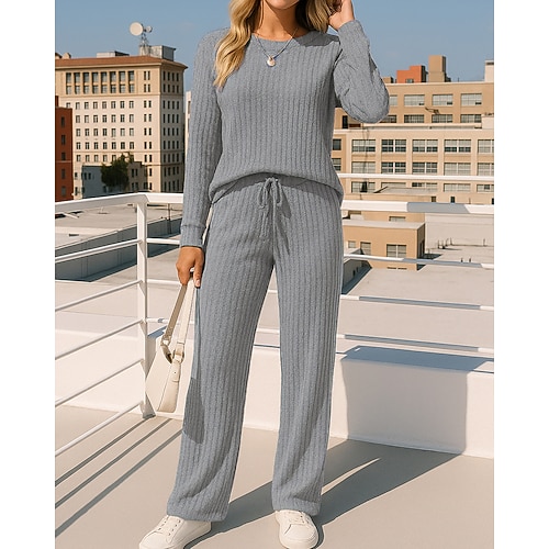 Damen Strickanzug Lounge-Anzüge Einfarbig Kombination Herbst Schwarz Burgunderrot Outdoor Reise Sport Hohe Taille Langarm Sport Sportkleidung Mikroelastisch Normale Passform Image