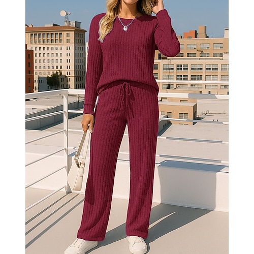 Damen Strickanzug Lounge-Anzüge Einfarbig Kombination Herbst Schwarz Burgunderrot Outdoor Reise Sport Hohe Taille Langarm Sport Sportkleidung Mikroelastisch Normale Passform Image
