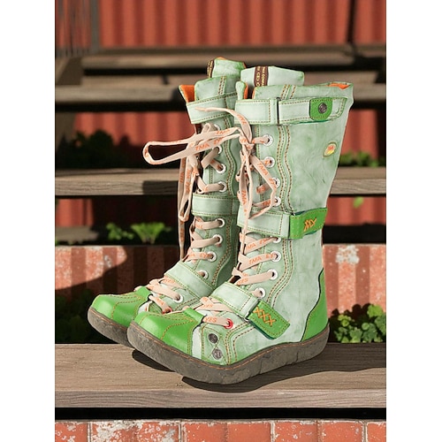 Grüne kniehohe Schnürstiefel für Damen – Vintage-Outdoor-Kampfstiefel für Herbst-, Farm-, Festival- und Freizeitoutfits Image