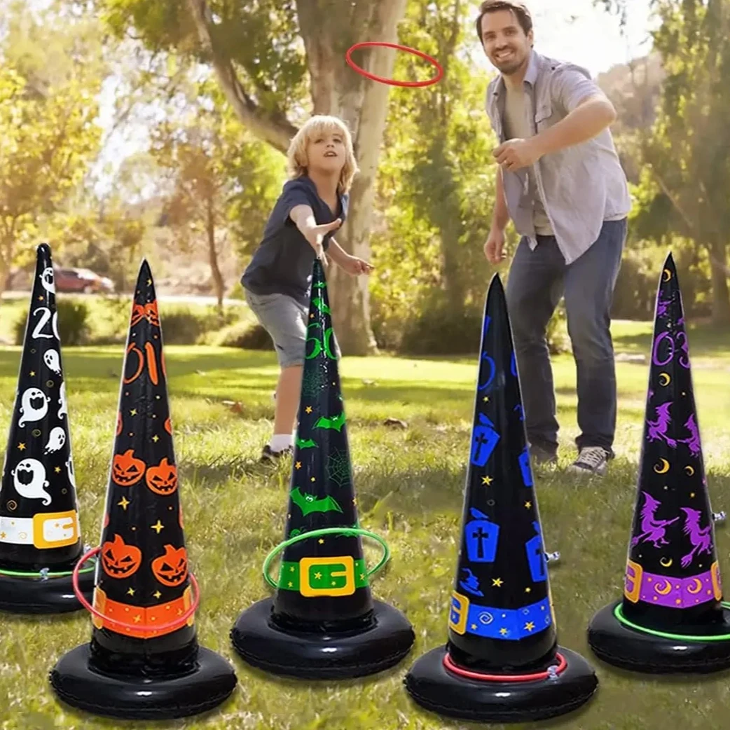 Aufblasbarer Hexenhut, Ringwurfspiel, 1 Set, Halloween, PVC, Kegelstil, Partyspielzeug für Kinder, Outdoor, Innenbereich, interaktives Geschenk Image