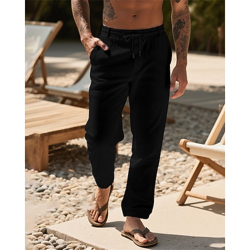 Herren Leinenhosen Hose Sommerhose Strandhose Kordelzug Tasche Elastischer Bund Einfach Komfort Atmungsaktiv Urlaub Täglich Ferien Hawaiianisch Boho Cachi scuro Schwarz Image
