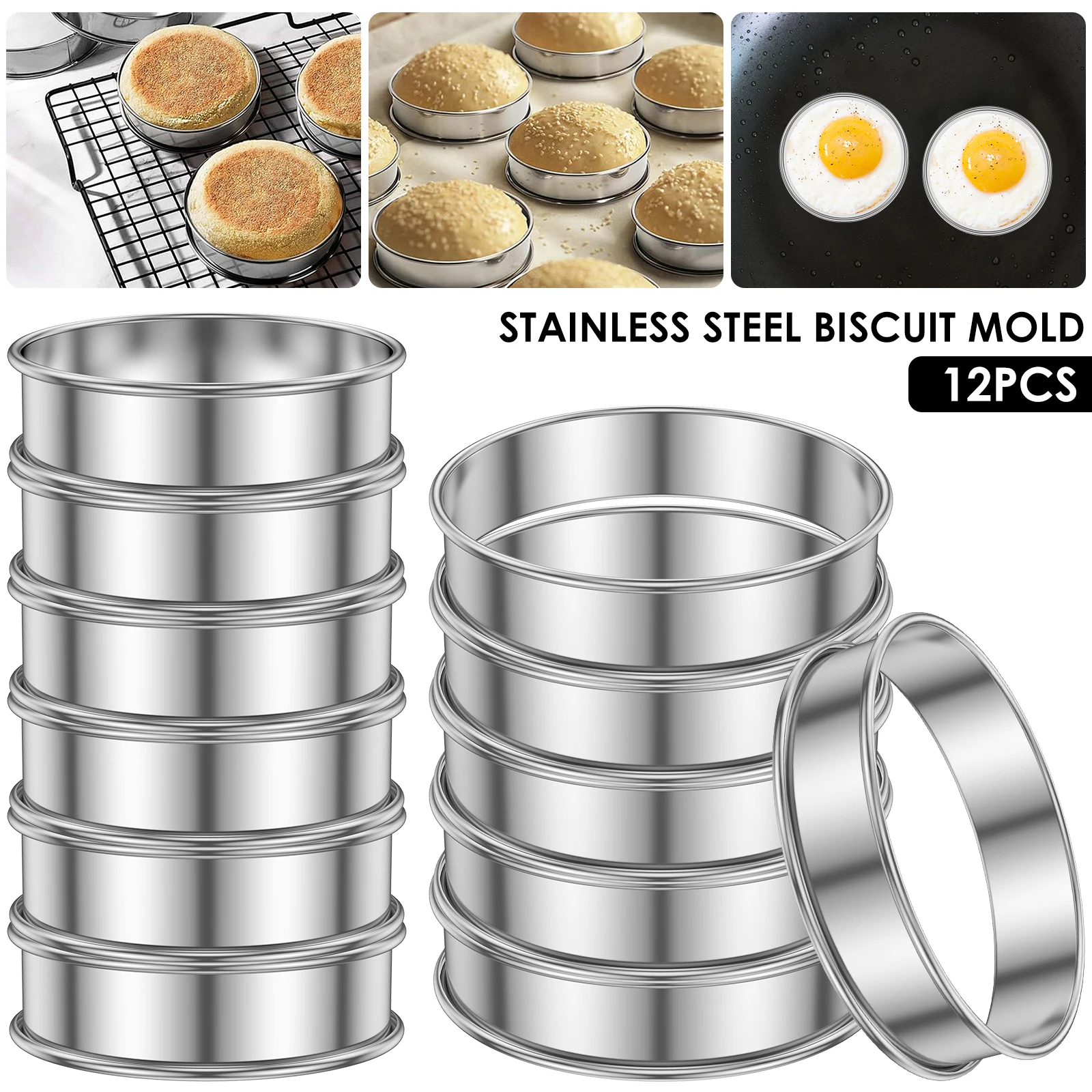 12 Stücke Englisch Muffin Ringe Crumpet Ringe Doppelt Gerollt Torte Ring Edelstahl Muffin Torte Ringe Form Lebensmittel Machen Backformen Image