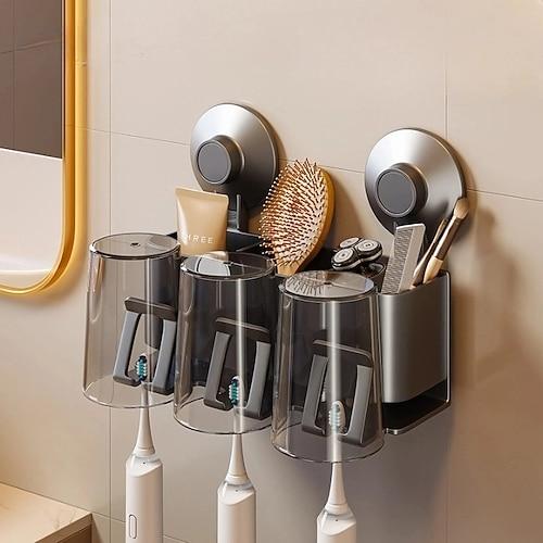 Zahnbürstenhalter mit Saugnapf und Bechern, Badezimmerregal, Mundspülbecher, Zahnbürstenhalter, Dusch-Organizer, wandmontierte Zahnbürste, Badezimmer-Organizer, Zahnbürsten-Organizer ohne Bohren