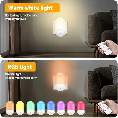 Plug in Night Light, Plug in Wall with Dusk to Dawn Sensor 0.5W Warm White RGB Night Light for Kid Bedroom, Bathroom, Stair
