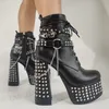 LAIGZEM Damen-Stiefeletten mit seitlichem Reißverschluss, besetzte Ketten, dicke High-Heels-Booties, Kunstleder-Schuhe für Damen, große Größe 40, 42, 47, 52