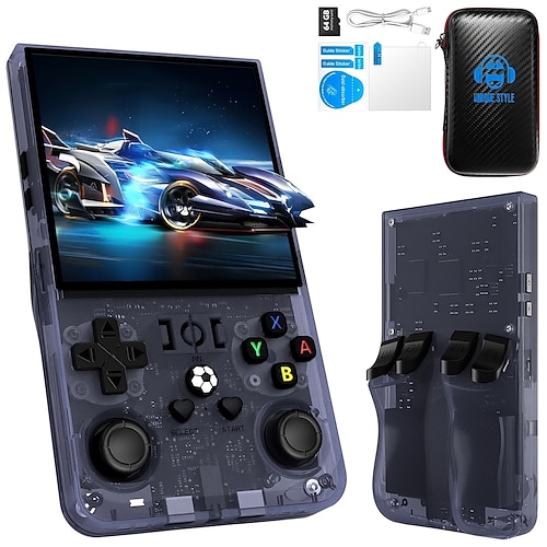 verbesserte Handheld-Spielkonsole R36max – Joystick mit Doppelfunktion, wiederaufladbarer Lithium-Akku über USB, inklusive 64-GB-Karte, schwarze Tragetasche, perfekt für Gaming unterwegs, tragbare Image