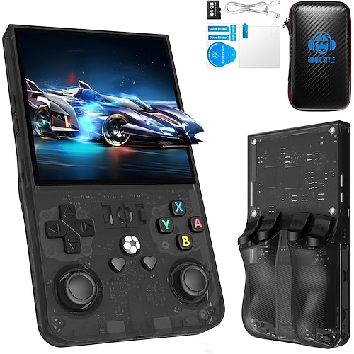 verbesserte Handheld-Spielkonsole R36max – Joystick mit Doppelfunktion, wiederaufladbarer Lithium-Akku über USB, inklusive 64-GB-Karte, schwarze Tragetasche, perfekt für Gaming unterwegs, tragbare Image