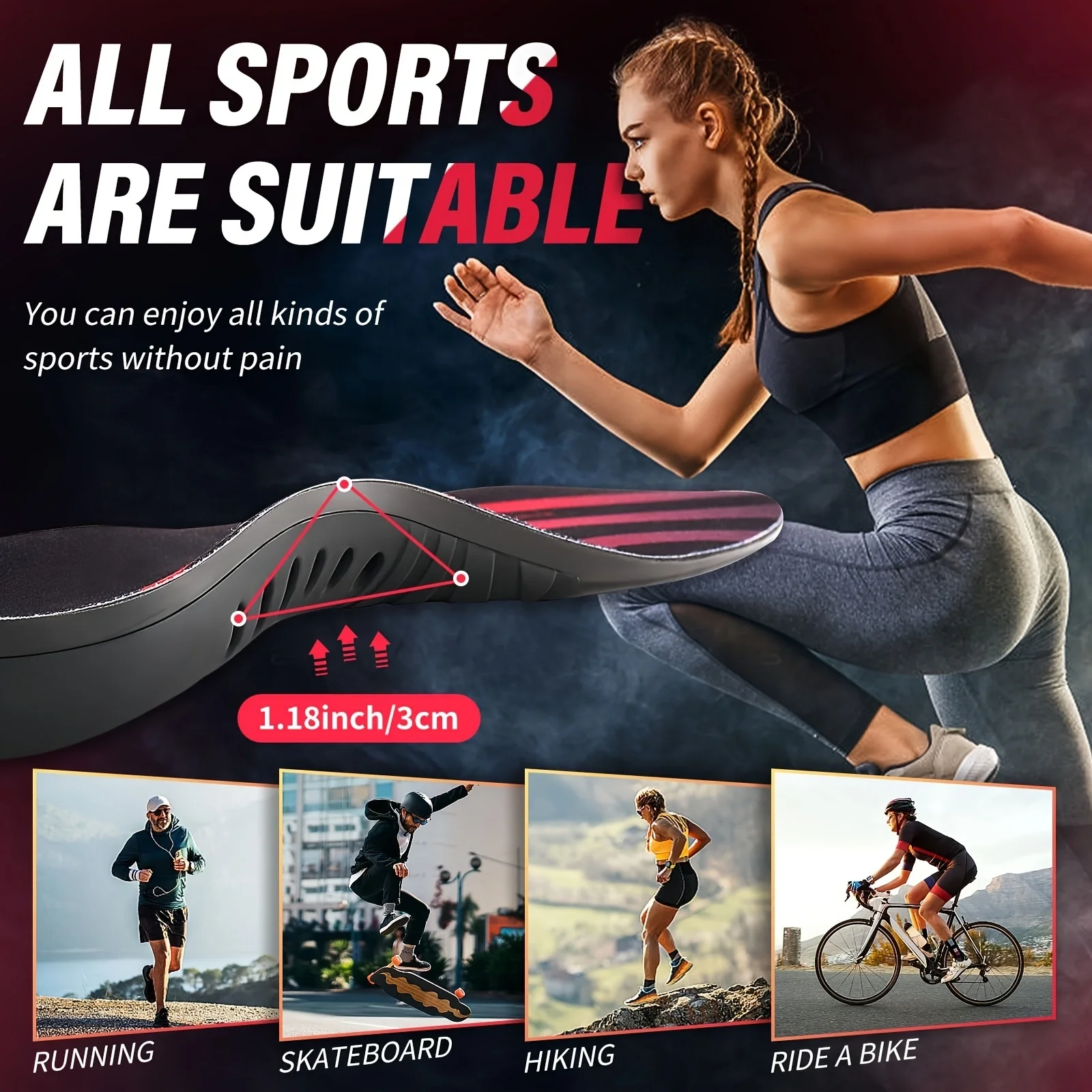 1 Paar ausgeschnittene, stoßdämpfende, atmungsaktive, gesunde Einlegesohle aus Silikon, Sport-Einlegesohle zur Unterstützung des Fußgewölbes für Männer und Frauen Image