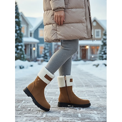 Damen-Winterstiefel aus braunem Wildleder mit Bündchen aus Kunstlammfell und seitlichem Reißverschluss, stylisches urbanes Schuhwerk für kaltes Wetter Image