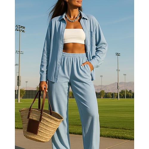 Per donna Pantaloni a gamba larga Abito casual Giacca da camicia con tasca Tinta unita Completo Abbigliamento Autunno Bianco Verde Chiaro All'aperto Viaggio Sportivo Vita Alta Traspirante Manica Lunga