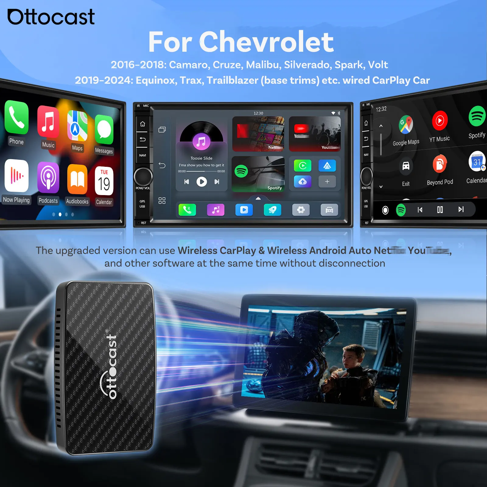 Ottocast Play2Video Pro Wireless CarPlay Android Auto Adapter für Chevrolet Camaro Cruze Malibu Spark Wired CarPlay Auto Dongle Image
