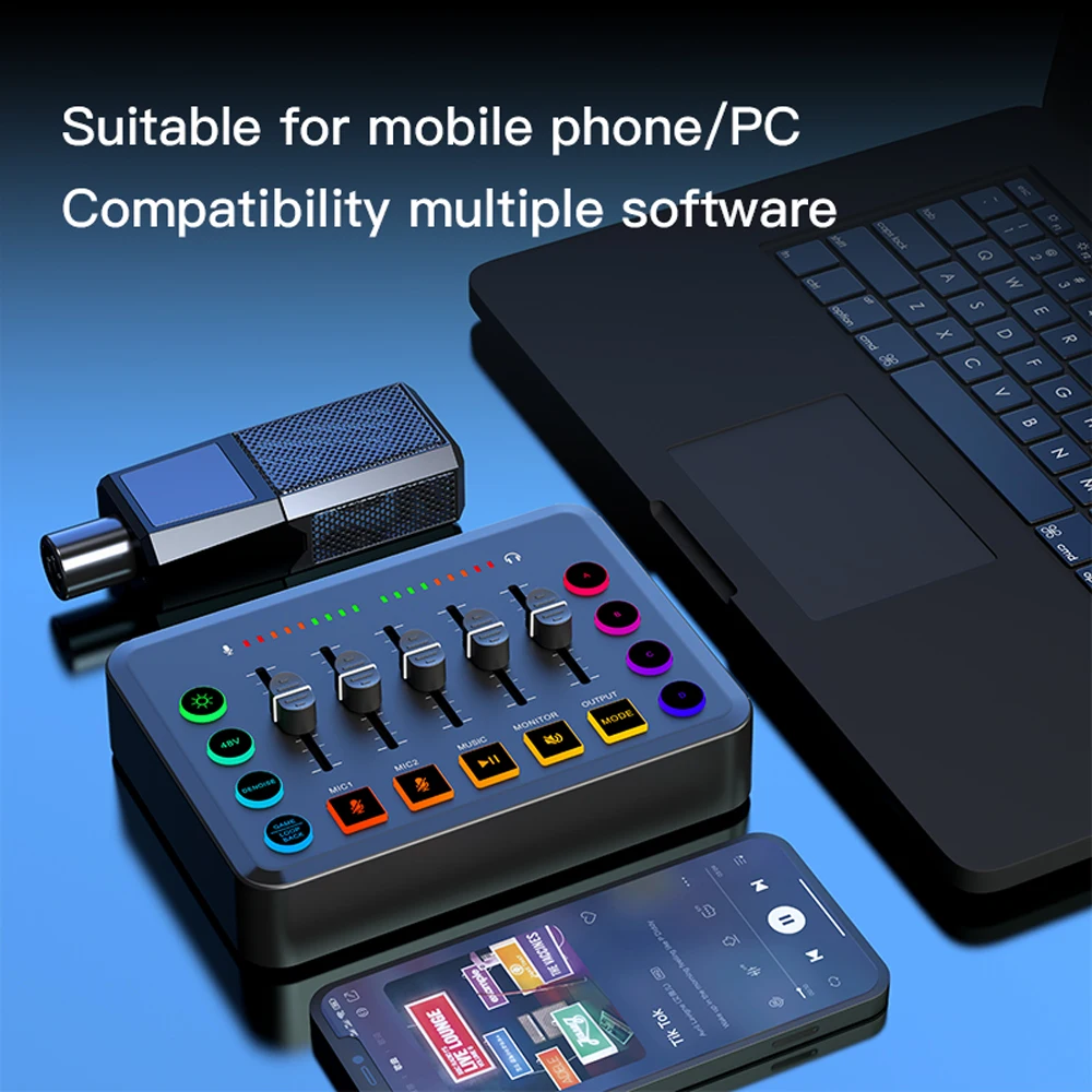Gaming Audio Mixer Soundkarte Effekt RGB Live Streaming DJ Controller Konsole Audio Interface Mixer Soundpad 48V Phantom Power Image