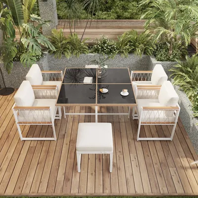7pcs outdoor dining table and chair set for 6 people, tempered glass table with PE rattan wrapping, for backyard dining, garden