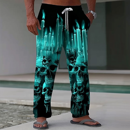 Männer Kostüme Totenköpfe Hosen Baggy Hosen Casual Hosen Mittlere Taille Dunkel Gothic Stil Urlaub Elastischer Kordelzug Bund Leinenähnliche Hosen mit Taschen Frühling Herbst 3D Druck Schwarz Grün Image