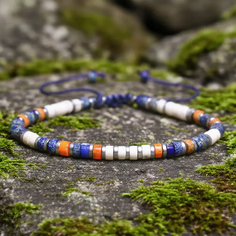 Böhmisches blaues Kaiser-Armband, handgefertigt, weiße türkisfarbene Hämatit-Perlen, gewebtes Seil, verstellbar, für Damen, zierlicher stapelbarer Schmuck Image