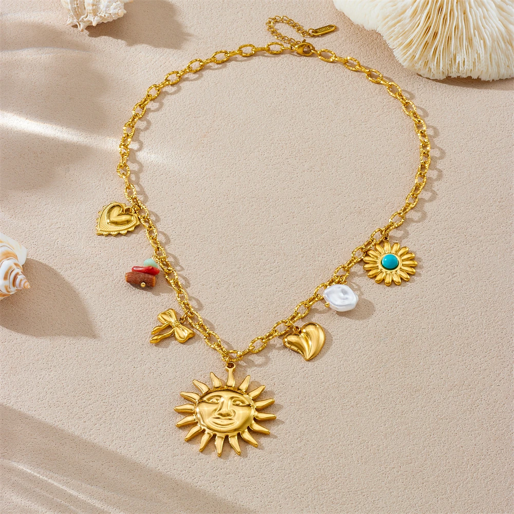 Halskette mit Anhänger aus Edelstahl 316, goldene Schleife, Herz, Perle, Sonne, Anhänger, Dame, neuer Trend, wasserdicht, Halskette, Schmuck, Geschenk Image