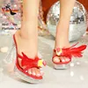 2024 neue rote Hausschuhe Frauen interessante Schuhe 12cm klare Absätze Sommer quadratischen Kopf High Heels dicke Plateaus andalen plus Größe 43