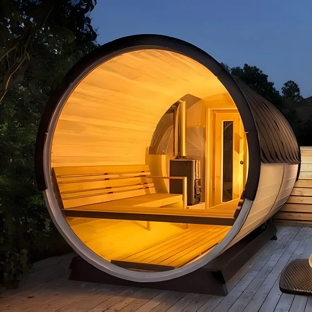 Traditionelle 6-Personen-Fasssauna für den Außenbereich, Panorama-Finish-Rot-Zeder-Sauna