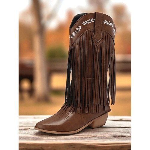 Damen-Cowboystiefel aus braunem Kunstleder mit Fransen – Westernstiefel mit Stickereien, halbhoher Wadenhöhe, quadratischer Spitze und niedrigem Absatz, Boho-Country-Stil für Rodeos, Musikfestivals und Herbst-Winter-Outfits Image