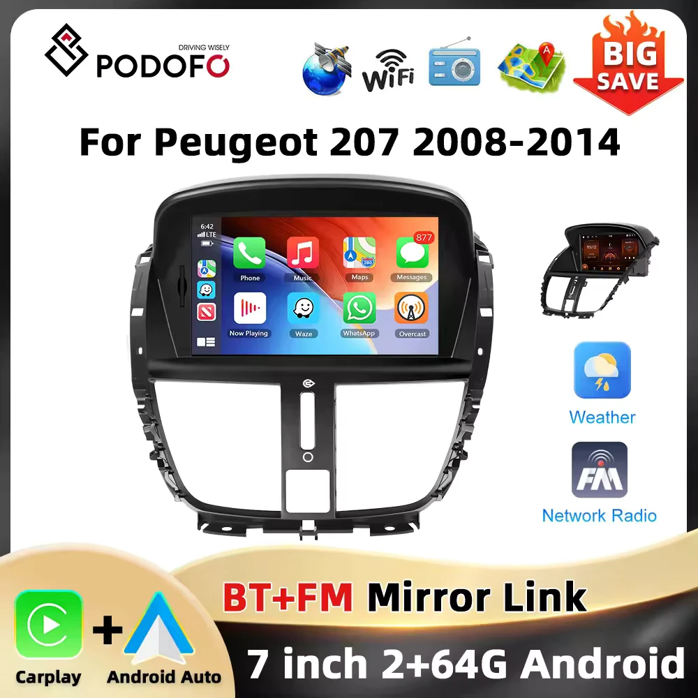 Podofo 2Din 2 + 64G Auto Radio Für Peugeot 207 2008-2014 Multimedia Player Bluetooth GPS WIFI Carplay Android Auto FM/RDS Autoradio Image