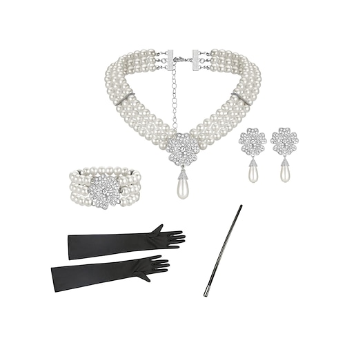 Perlenkette und Ohrringe im Stil der 1920er Jahre für Damen – dreilagiger Schmuck aus Kunstperlen mit Strassbrosche, Vintage-Accessoires im Gatsby-Flapper-Stil für Cocktailpartys, Hochzeiten und Image