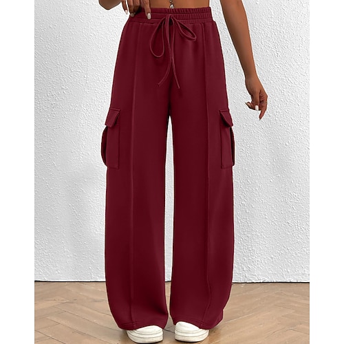 Damen Cargo-Hosen Stoffhosen Streetwear Lässig Volle Länge Natürliche Taille Einfach Tasche Elastisches Kordelzugdesign Bequem Straße Ferien Alltagskleidung Weinrot Dunkelgrau Marineblau Aprikose Image