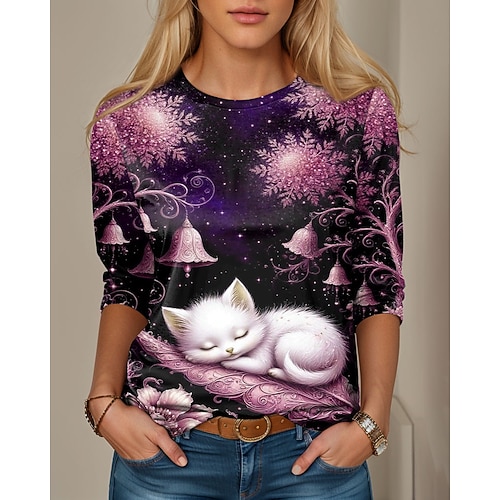 Damen T Shirt Druck Grafik Tiermotiv Katze Vintage Niedlich Stilvoll Langarm Rundhalsausschnitt Normale Oberteile Täglich Blau Rosa Purpur Grün Frühling Herbst Winter Image