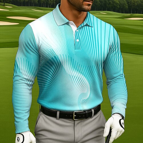 Herren Geometrisch Golf Polo Langarm Polo-Shirts Revers Lässig Athleisure Alltagskleidung 3D-Druck Knöpfe Frühling Herbst Winter Meerblau Blau Purpur Image