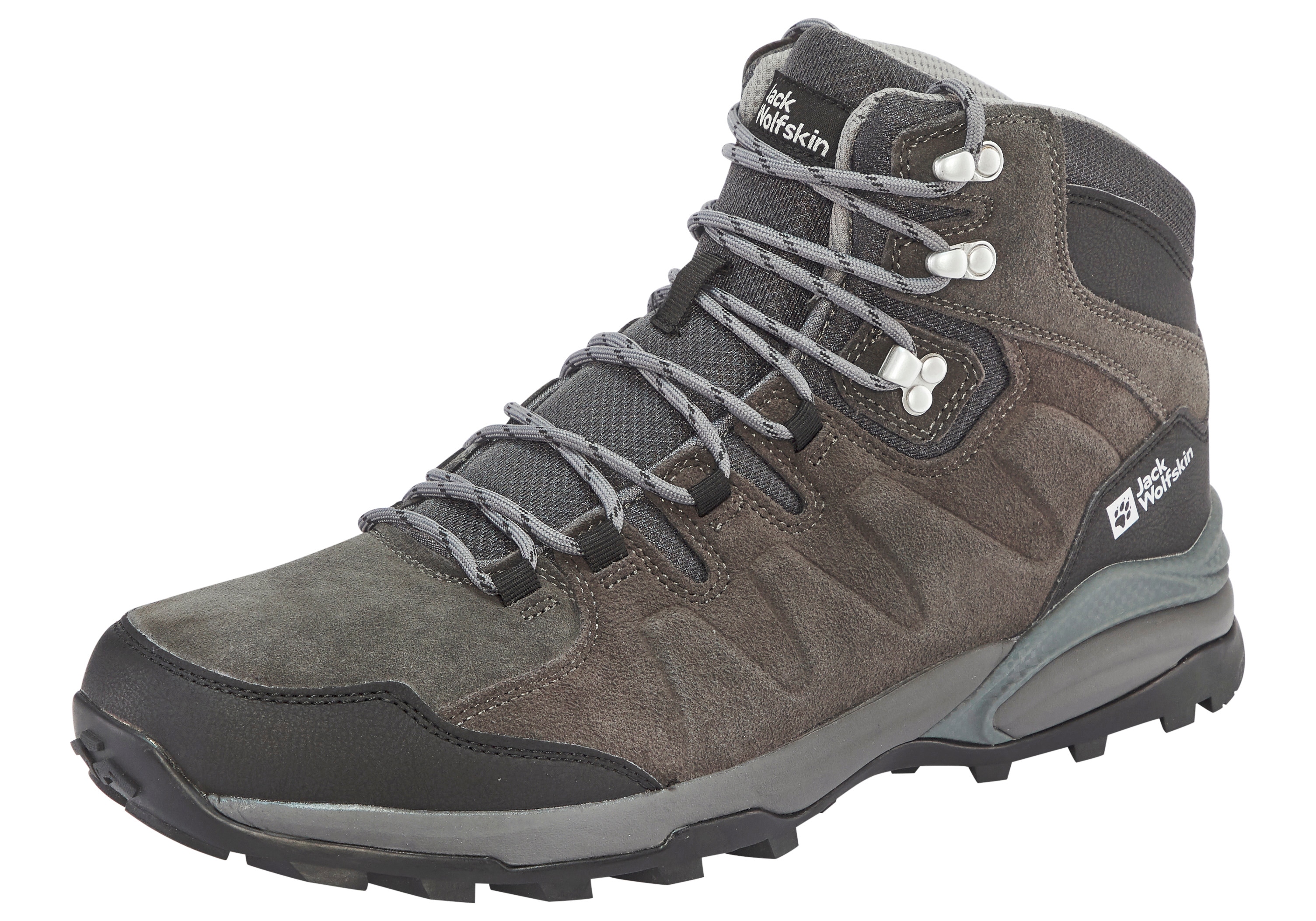 Wanderschuh JACK WOLFSKIN "MTN GOAT MID M", Gr. 45, schwarz (schwarz, grau), Leder, Sportlich, Schuhe, Trekkingschuh